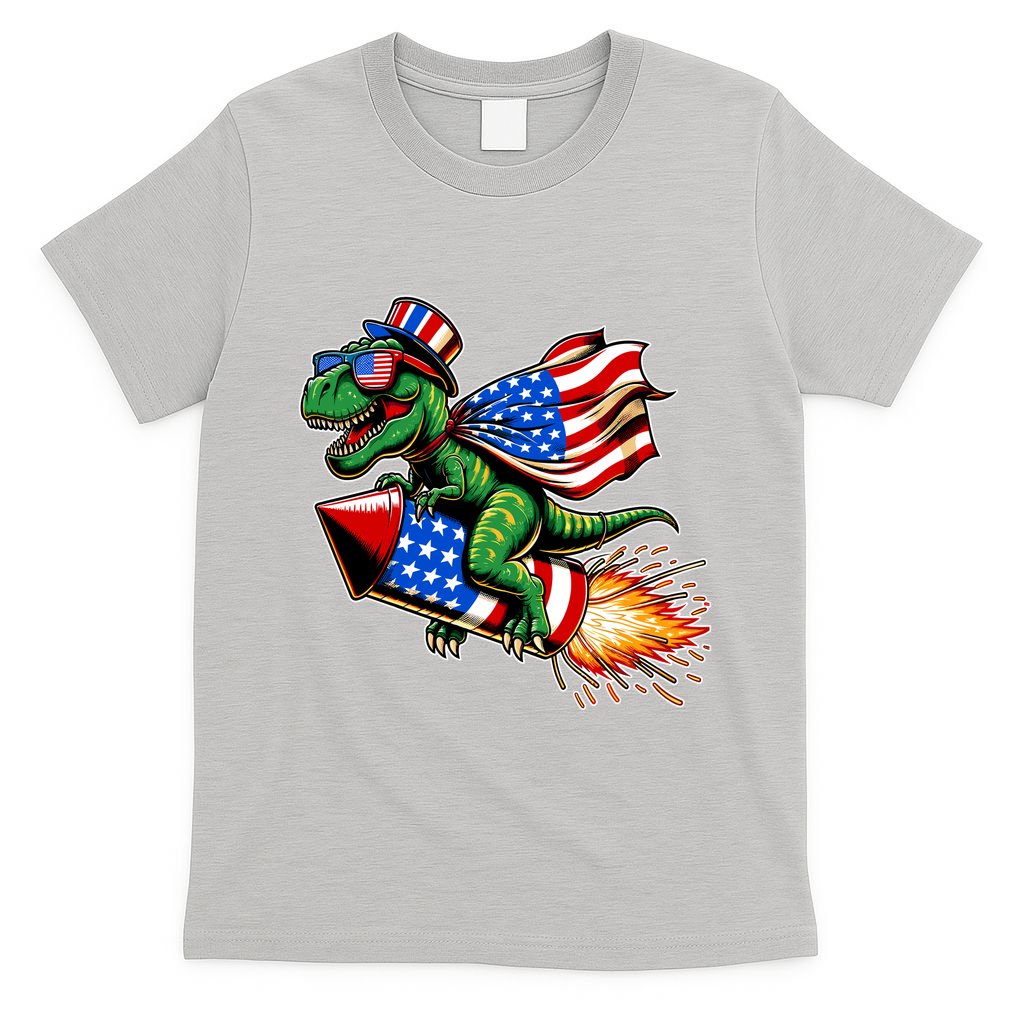 Patriotic T Rex Riding Firework 4th Of July T-Shirt