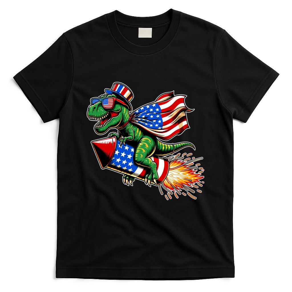 Patriotic T Rex Riding Firework 4th Of July T-Shirt
