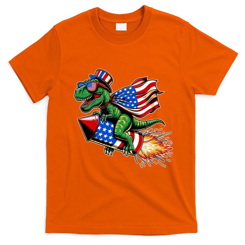 Patriotic T Rex Riding Firework 4th Of July T-Shirt