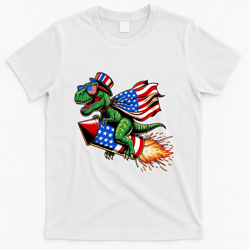 Patriotic T Rex Riding Firework 4th Of July T-Shirt