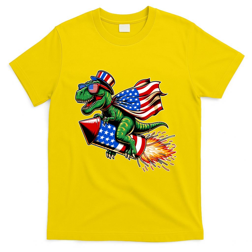 Patriotic T Rex Riding Firework 4th Of July T-Shirt