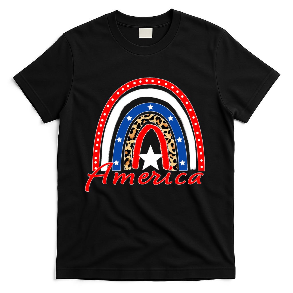 Rainbow Leopard American Flag 4th of July T-Shirt