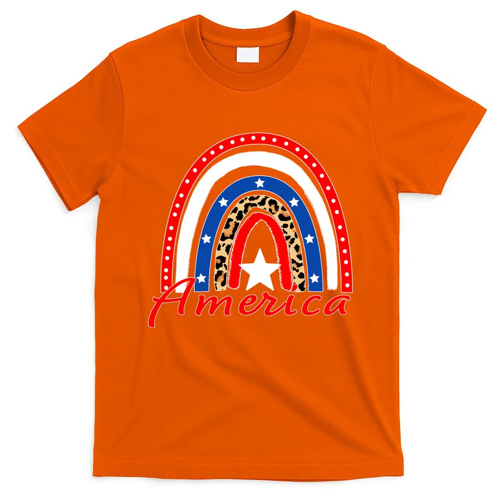 Rainbow Leopard American Flag 4th of July T-Shirt