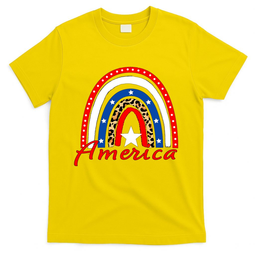 Rainbow Leopard American Flag 4th of July T-Shirt