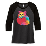 Rainbow Valentine Kitten Women's Tri-Blend 3/4-Sleeve Raglan Shirt