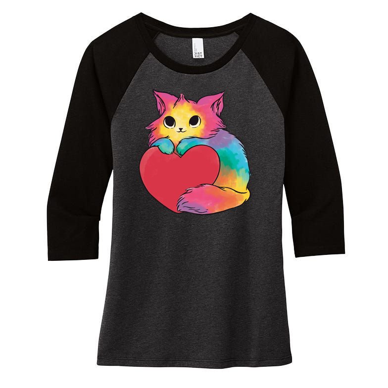 Rainbow Valentine Kitten Women's Tri-Blend 3/4-Sleeve Raglan Shirt