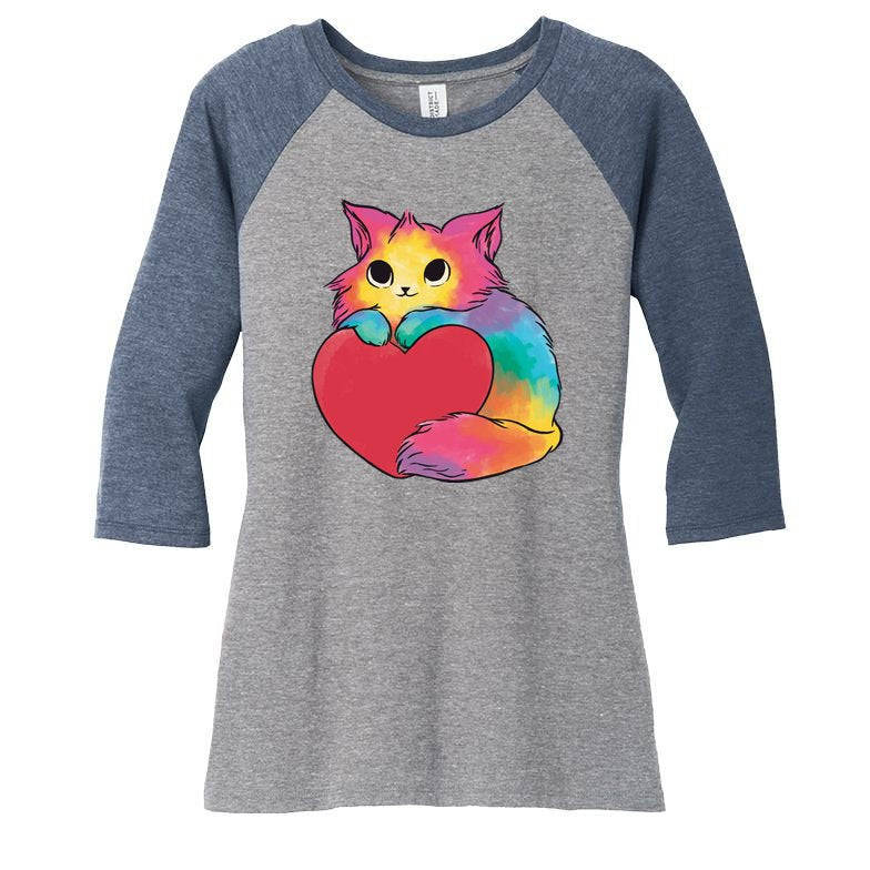 Rainbow Valentine Kitten Women's Tri-Blend 3/4-Sleeve Raglan Shirt