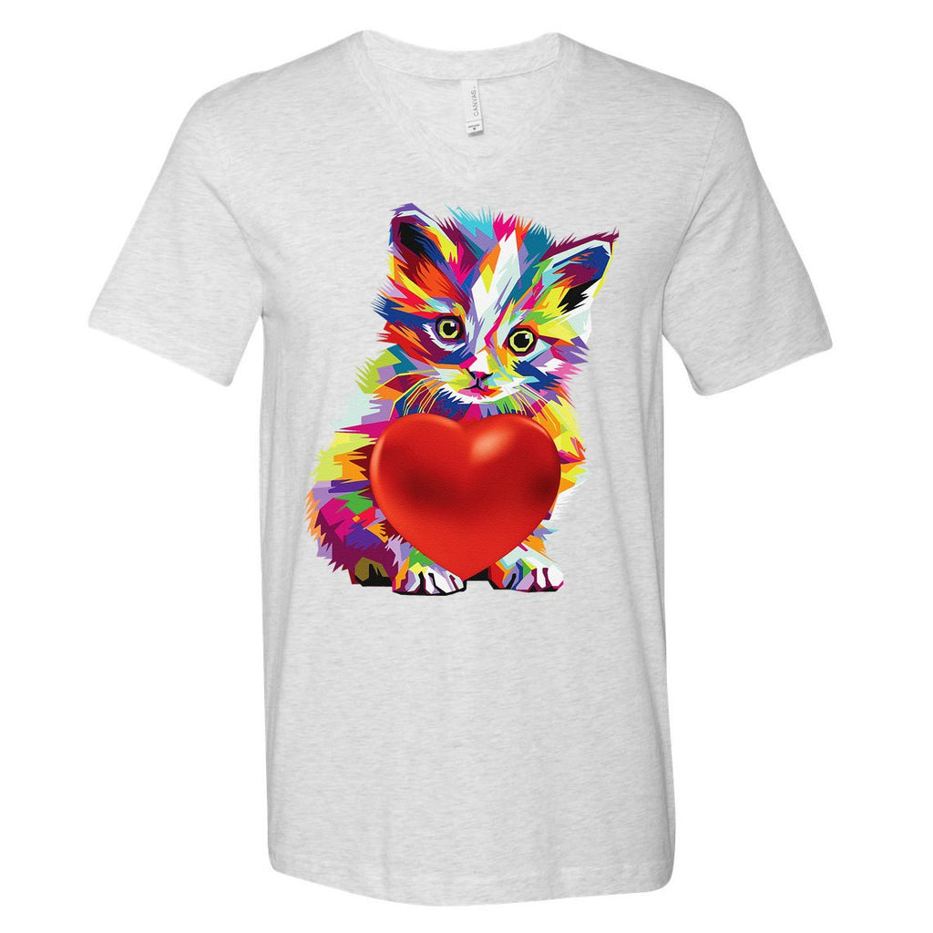 Rainbow Cute Cat Hugging Valentine Heart Kitty Love Cat V-Neck T-Shirt