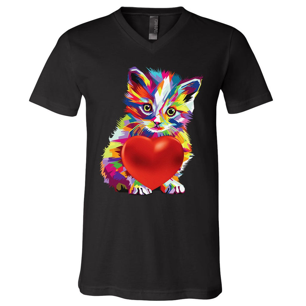 Rainbow Cute Cat Hugging Valentine Heart Kitty Love Cat V-Neck T-Shirt