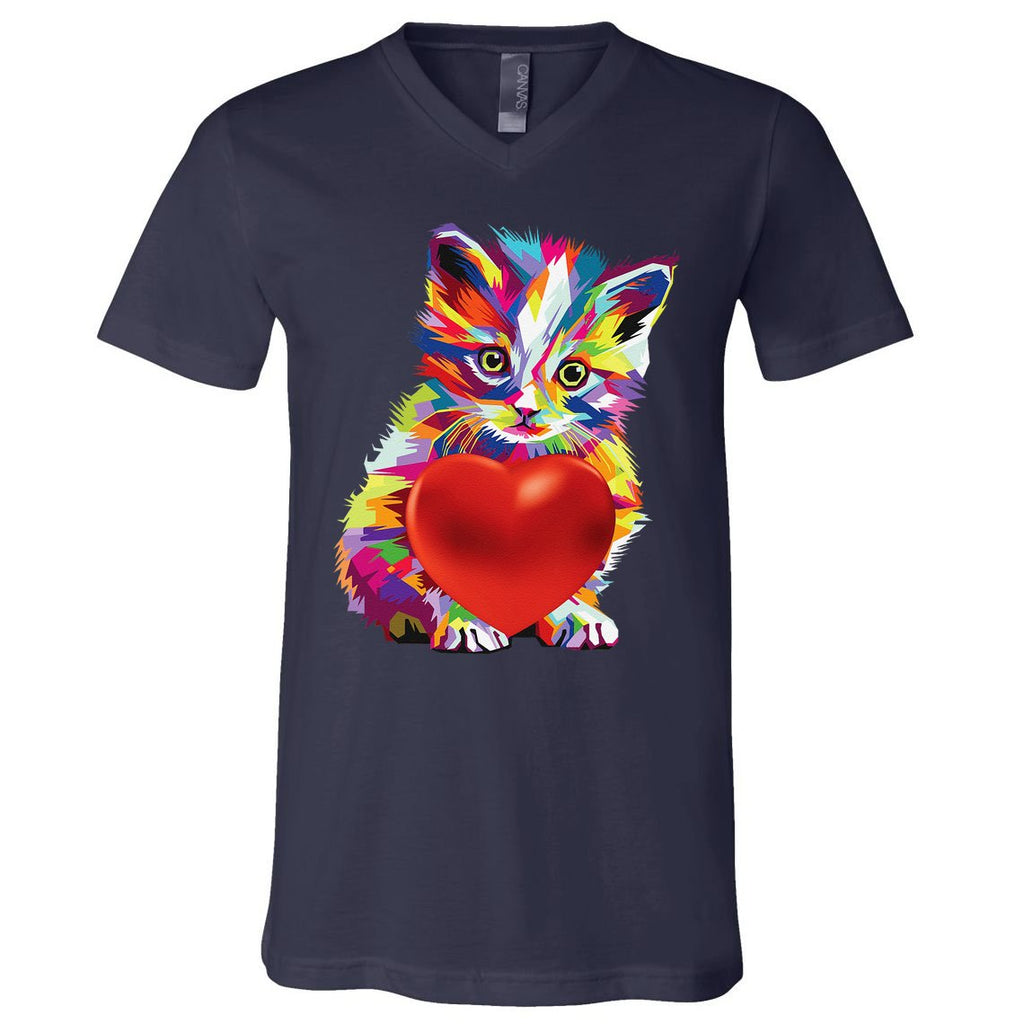 Rainbow Cute Cat Hugging Valentine Heart Kitty Love Cat V-Neck T-Shirt
