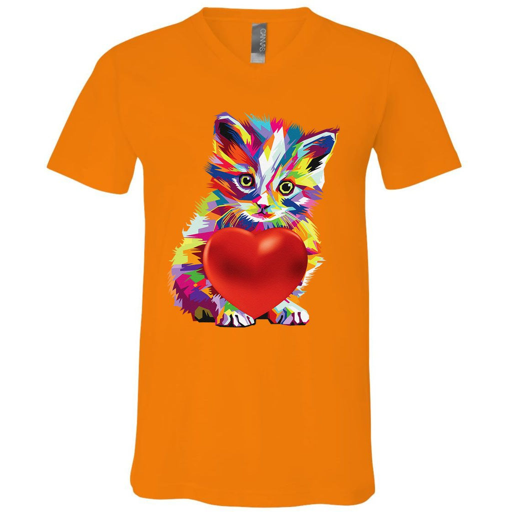 Rainbow Cute Cat Hugging Valentine Heart Kitty Love Cat V-Neck T-Shirt