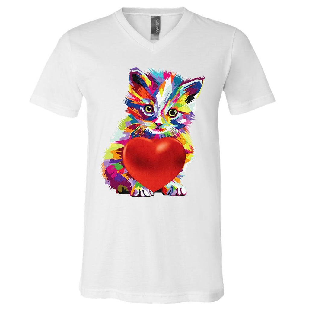 Rainbow Cute Cat Hugging Valentine Heart Kitty Love Cat V-Neck T-Shirt