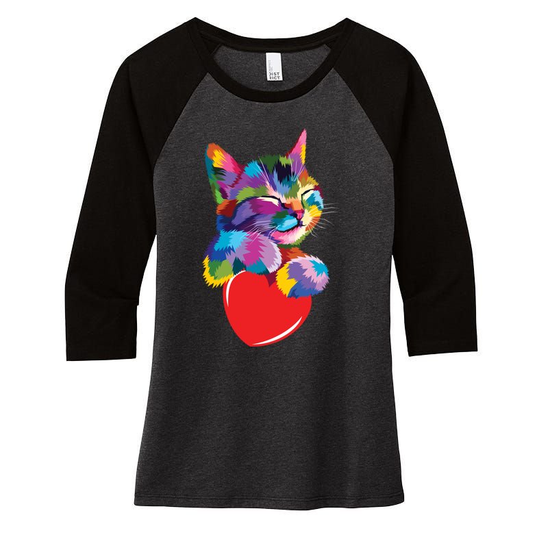 Rainbow Cute Cat Hugging Valentine Heart Kitty Love Cat Meaningful Gift Women's Tri-Blend 3/4-Sleeve Raglan Shirt