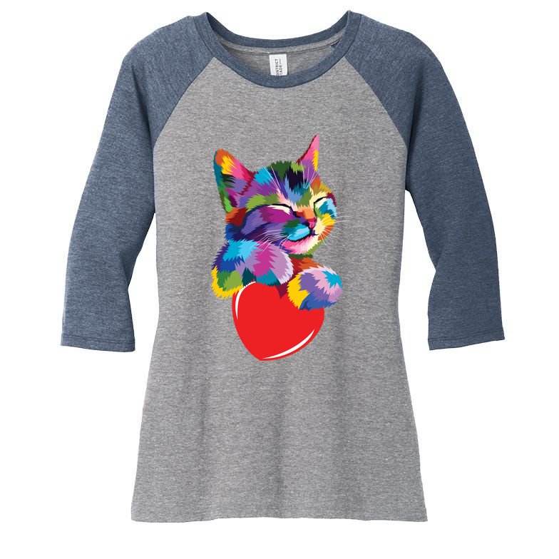 Rainbow Cute Cat Hugging Valentine Heart Kitty Love Cat Meaningful Gift Women's Tri-Blend 3/4-Sleeve Raglan Shirt