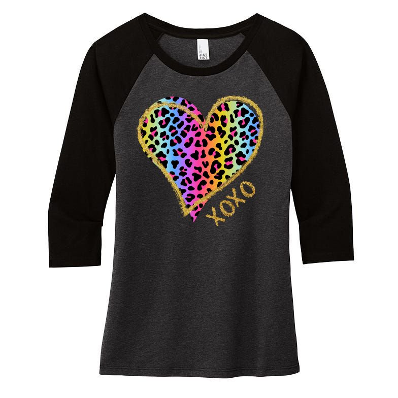 Rainbow Cheetah Heart Xoxo Women's Tri-Blend 3/4-Sleeve Raglan Shirt