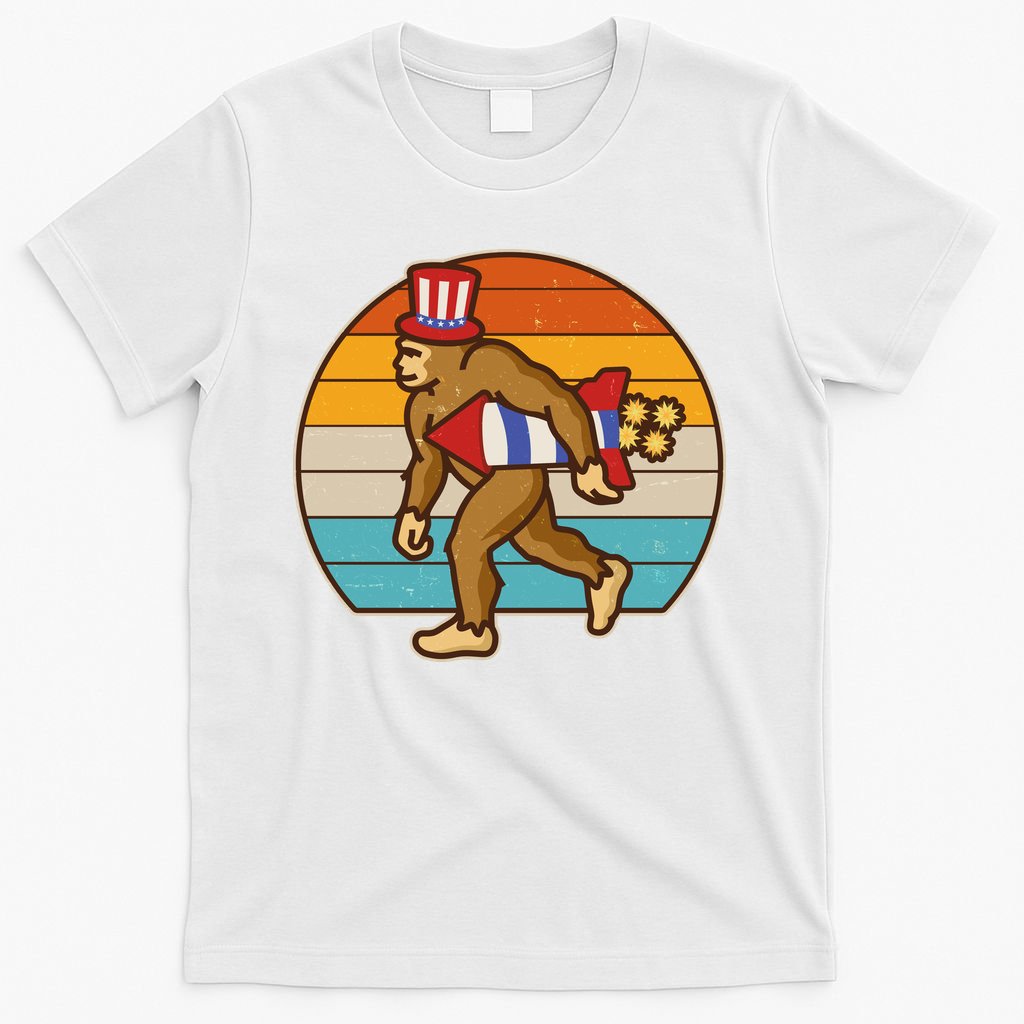 Retro Fourth 4th of July Firecracker Rocket Bigfoot T-Shirt