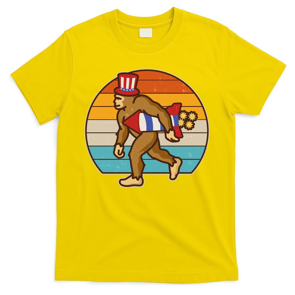Retro Fourth 4th of July Firecracker Rocket Bigfoot T-Shirt