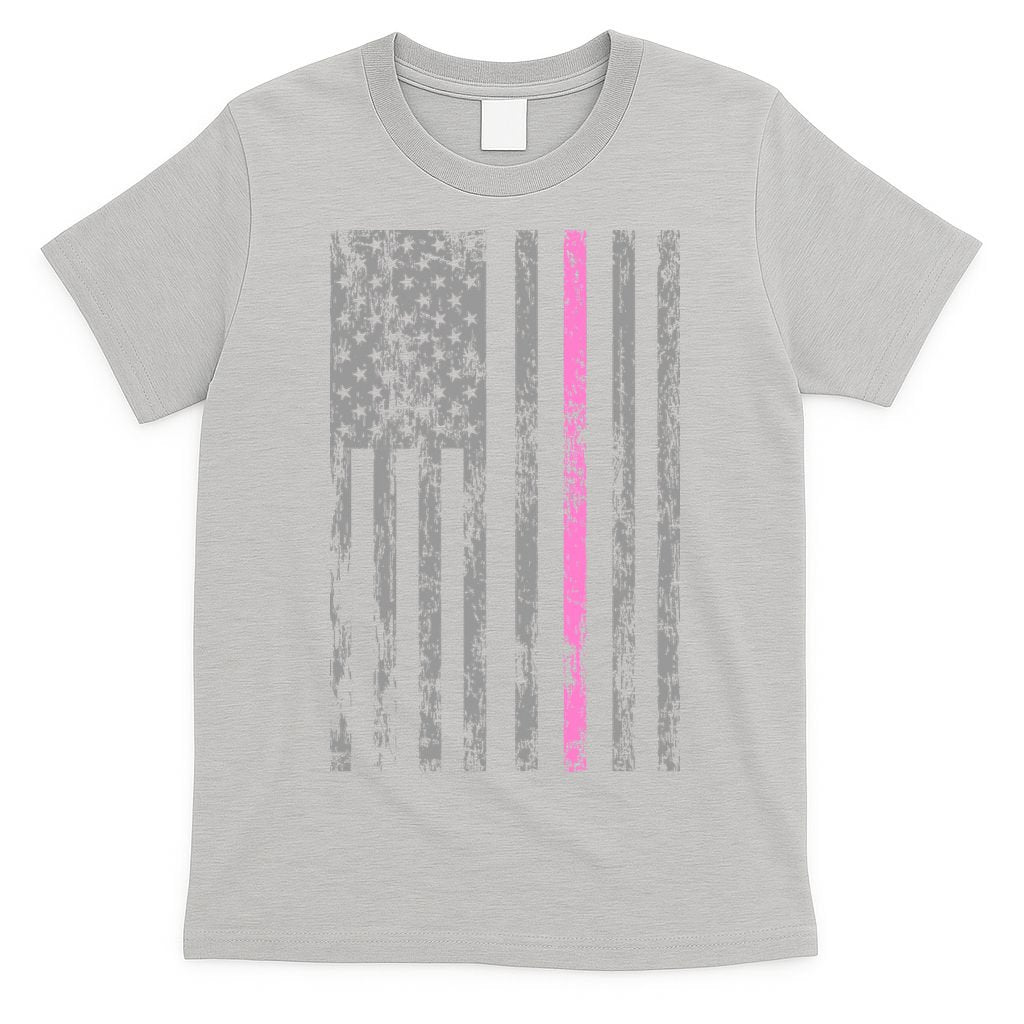 Retro Pink Thin Line Breast Cancer Awareness USA Flag T-Shirt