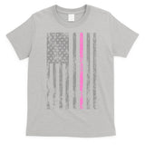 Retro Pink Thin Line Breast Cancer Awareness USA Flag T-Shirt