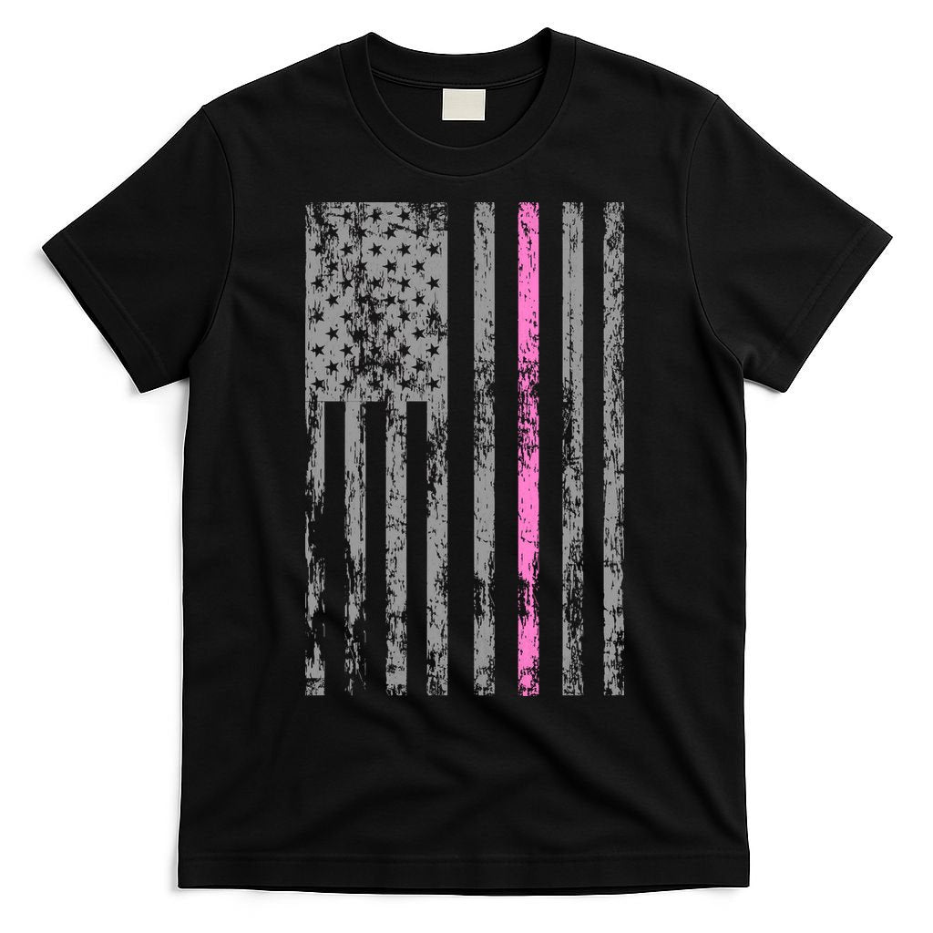 Retro Pink Thin Line Breast Cancer Awareness USA Flag T-Shirt