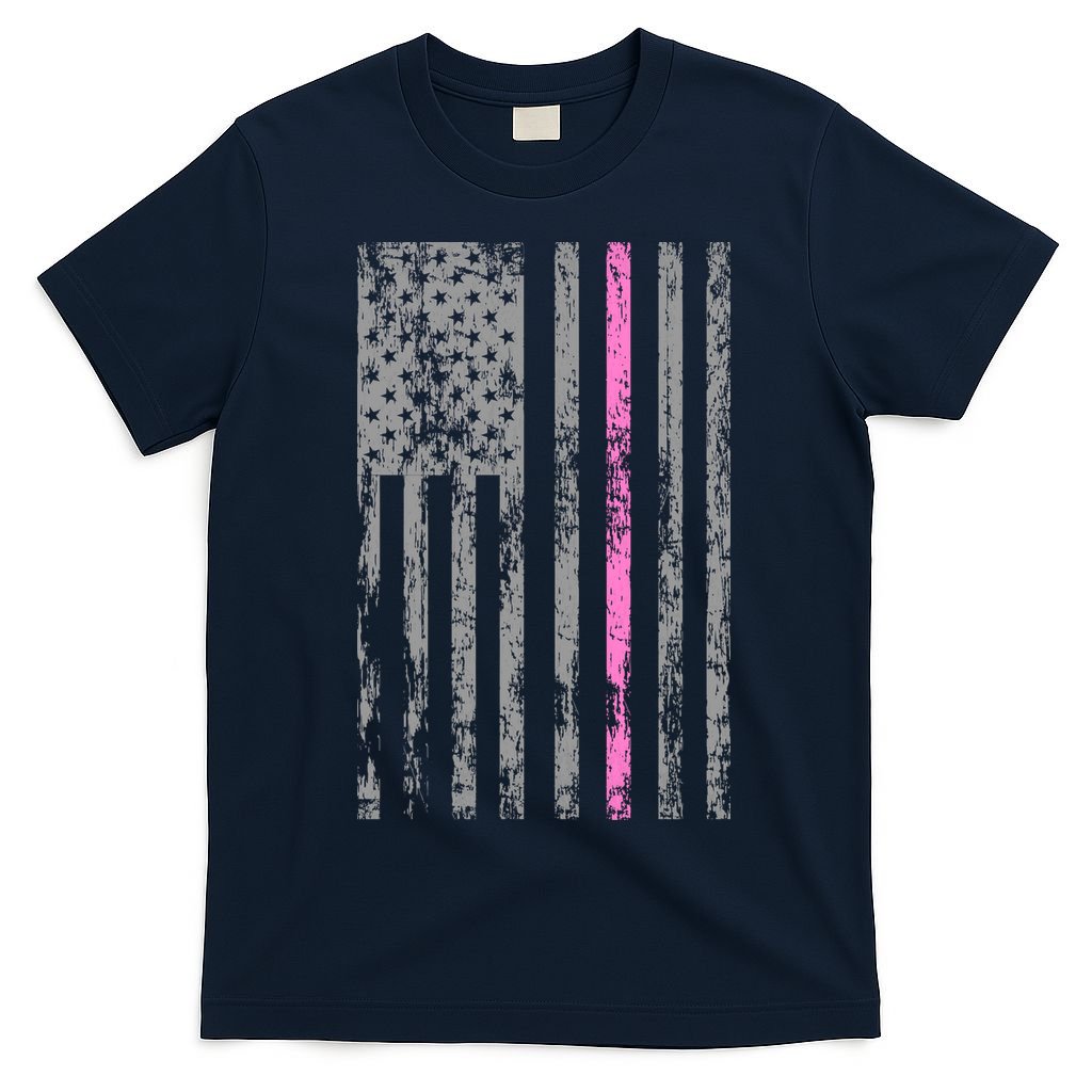 Retro Pink Thin Line Breast Cancer Awareness USA Flag T-Shirt
