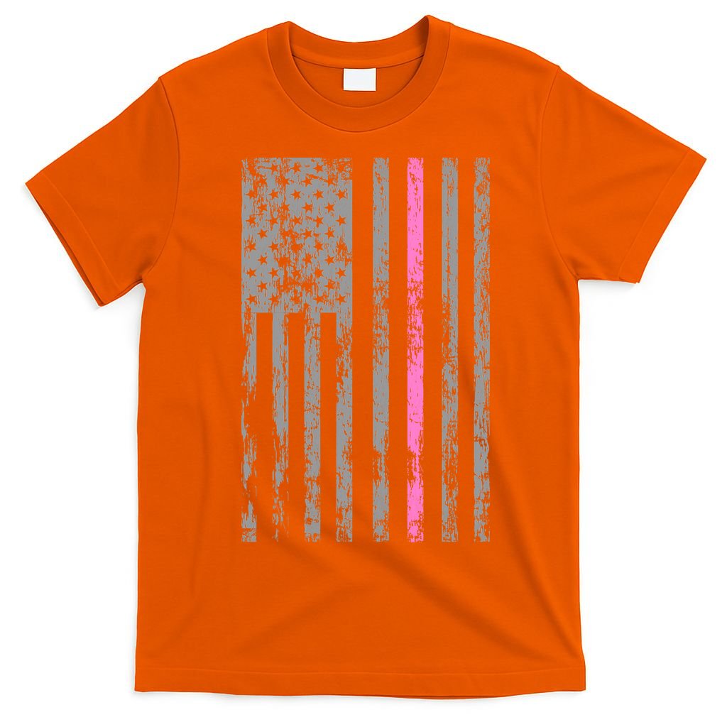 Retro Pink Thin Line Breast Cancer Awareness USA Flag T-Shirt