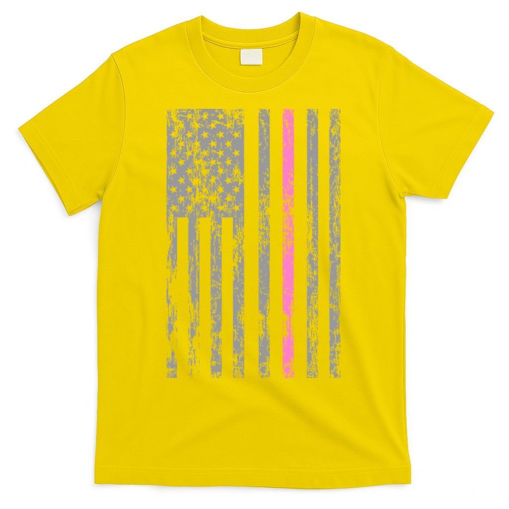 Retro Pink Thin Line Breast Cancer Awareness USA Flag T-Shirt