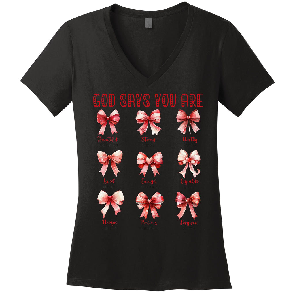 Retro God Says You Are Coquette Bow Cute Jesus Valentine Day Women's V-Neck T-Shirt