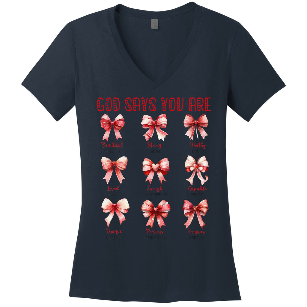 Retro God Says You Are Coquette Bow Cute Jesus Valentine Day Women's V-Neck T-Shirt