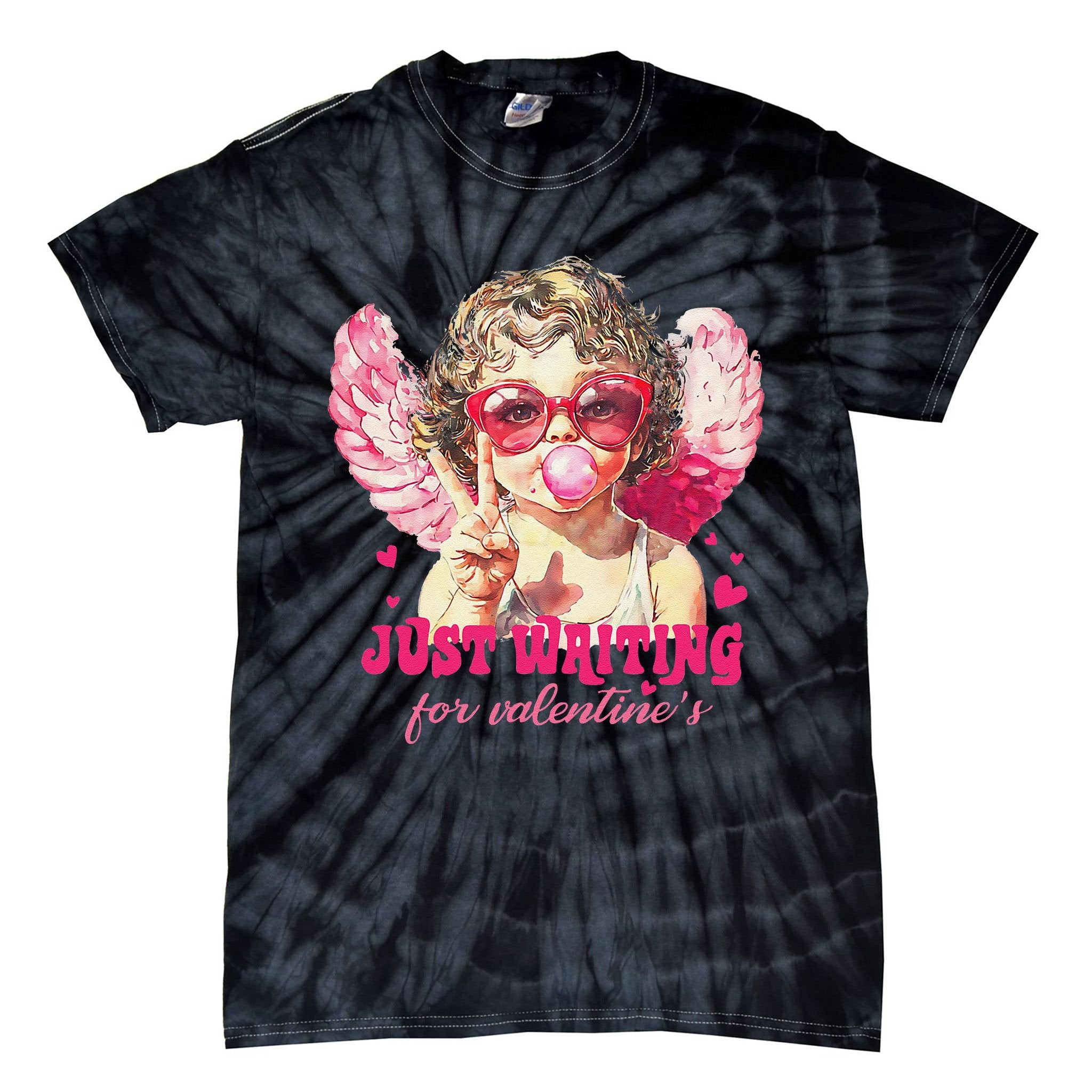Retro Just Waiting For Valentine Blowing Bubble Baby Cupid Tie-Dye T-Shirt