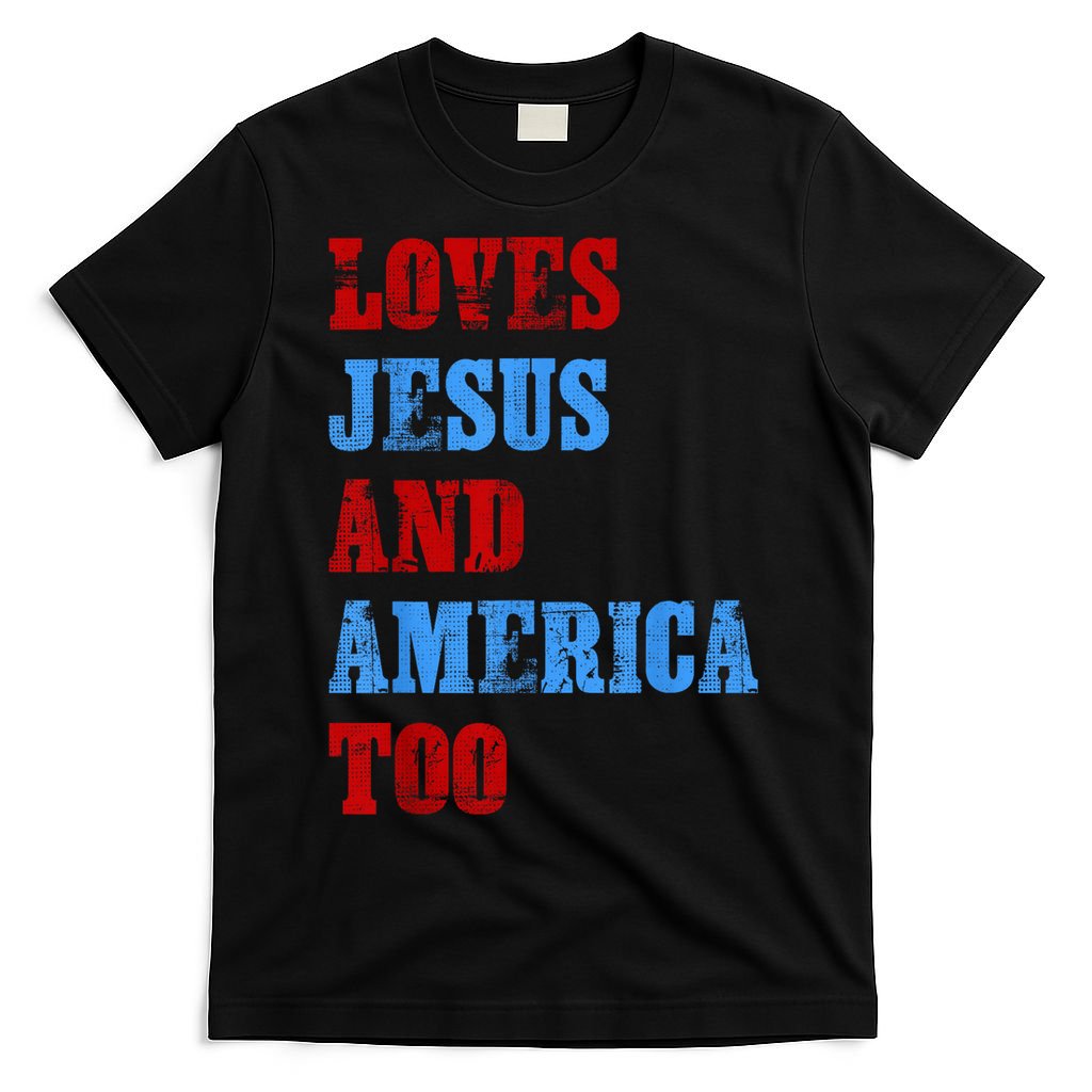 Retro Loves Jesus and America Too God Christian 4th of July T-Shirt