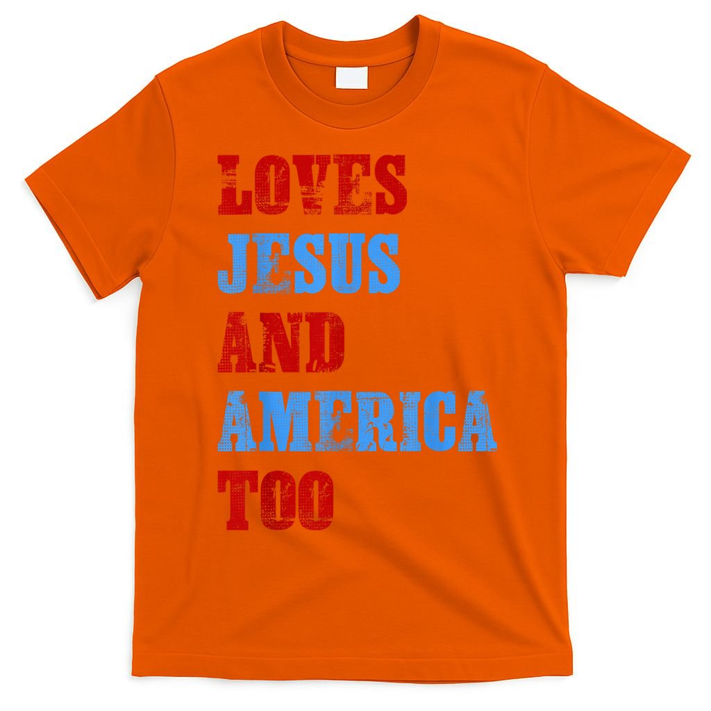 Retro Loves Jesus and America Too God Christian 4th of July T-Shirt