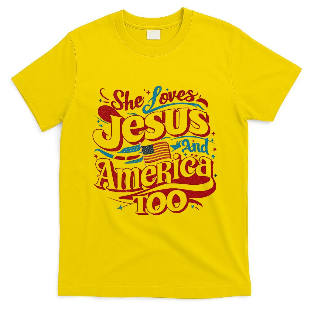 Retro She Loves Jesus And America Too 4th Of July Usa T-Shirt