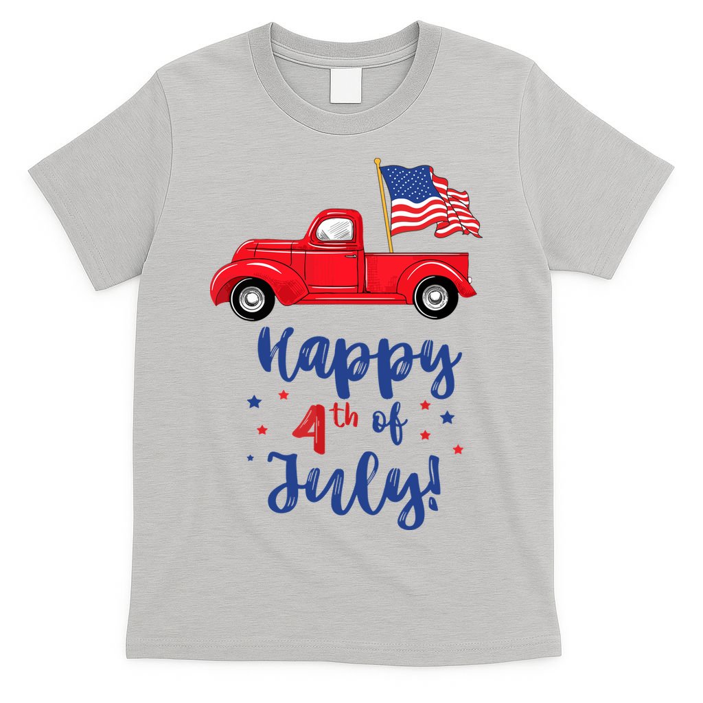 Red Truck With American Flag Happy 4th Of July T-Shirt