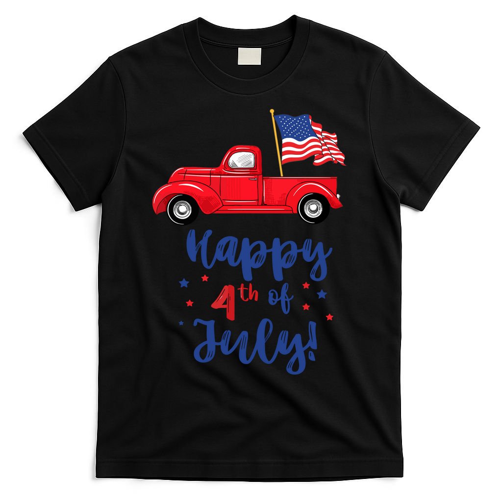 Red Truck With American Flag Happy 4th Of July T-Shirt