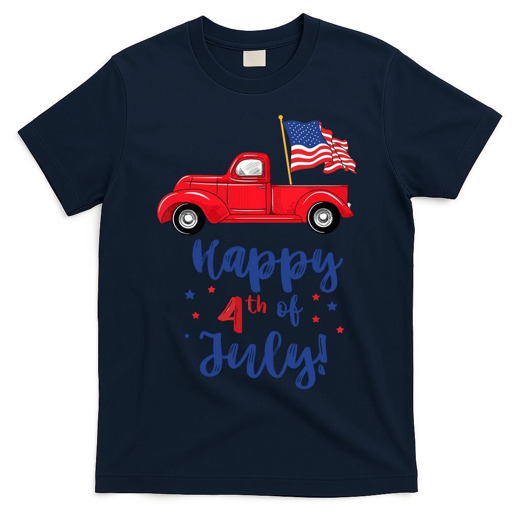 Red Truck With American Flag Happy 4th Of July T-Shirt
