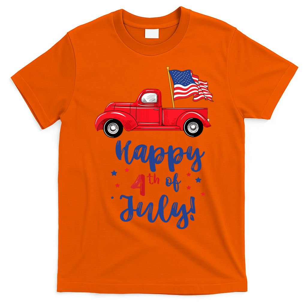 Red Truck With American Flag Happy 4th Of July T-Shirt