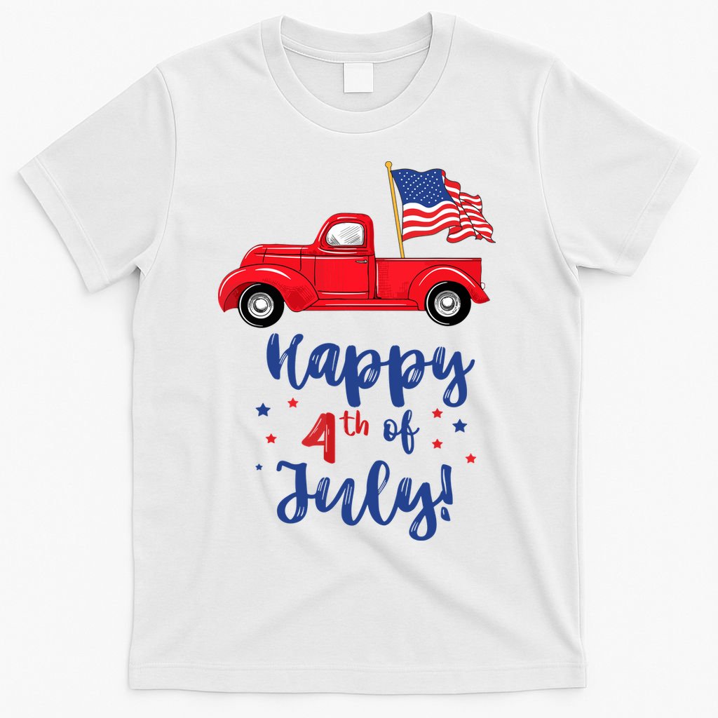 Red Truck With American Flag Happy 4th Of July T-Shirt