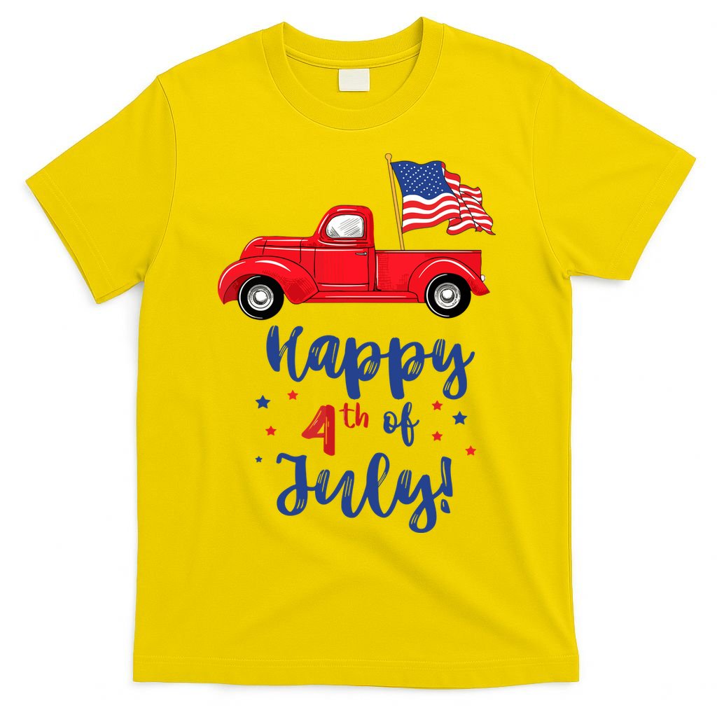 Red Truck With American Flag Happy 4th Of July T-Shirt