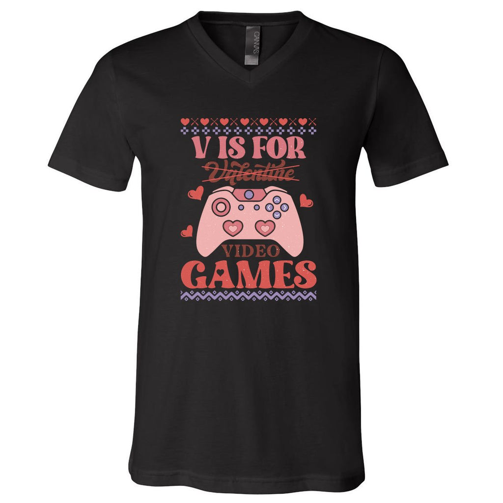 Retro Valentine V Is For Video Games Ugly Sweater Gift For Valentine Day V-Neck T-Shirt