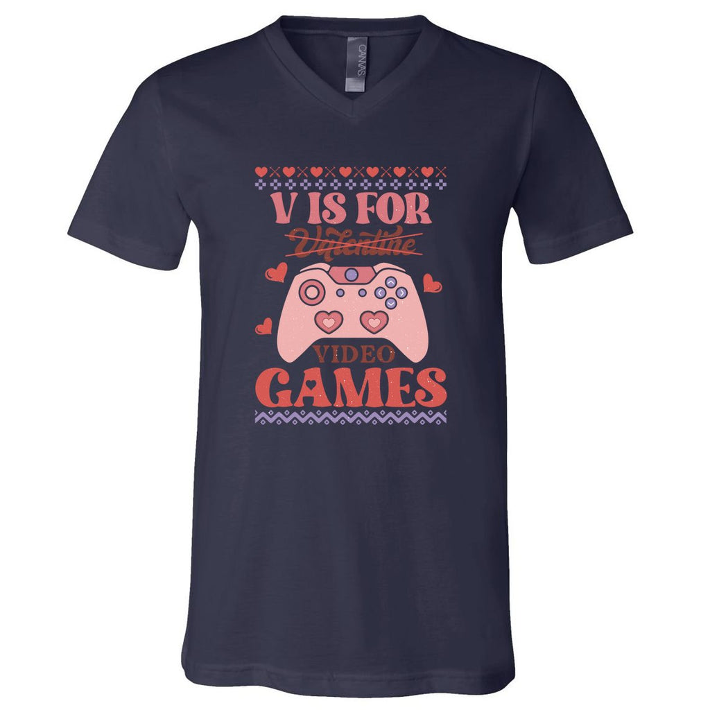 Retro Valentine V Is For Video Games Ugly Sweater Gift For Valentine Day V-Neck T-Shirt