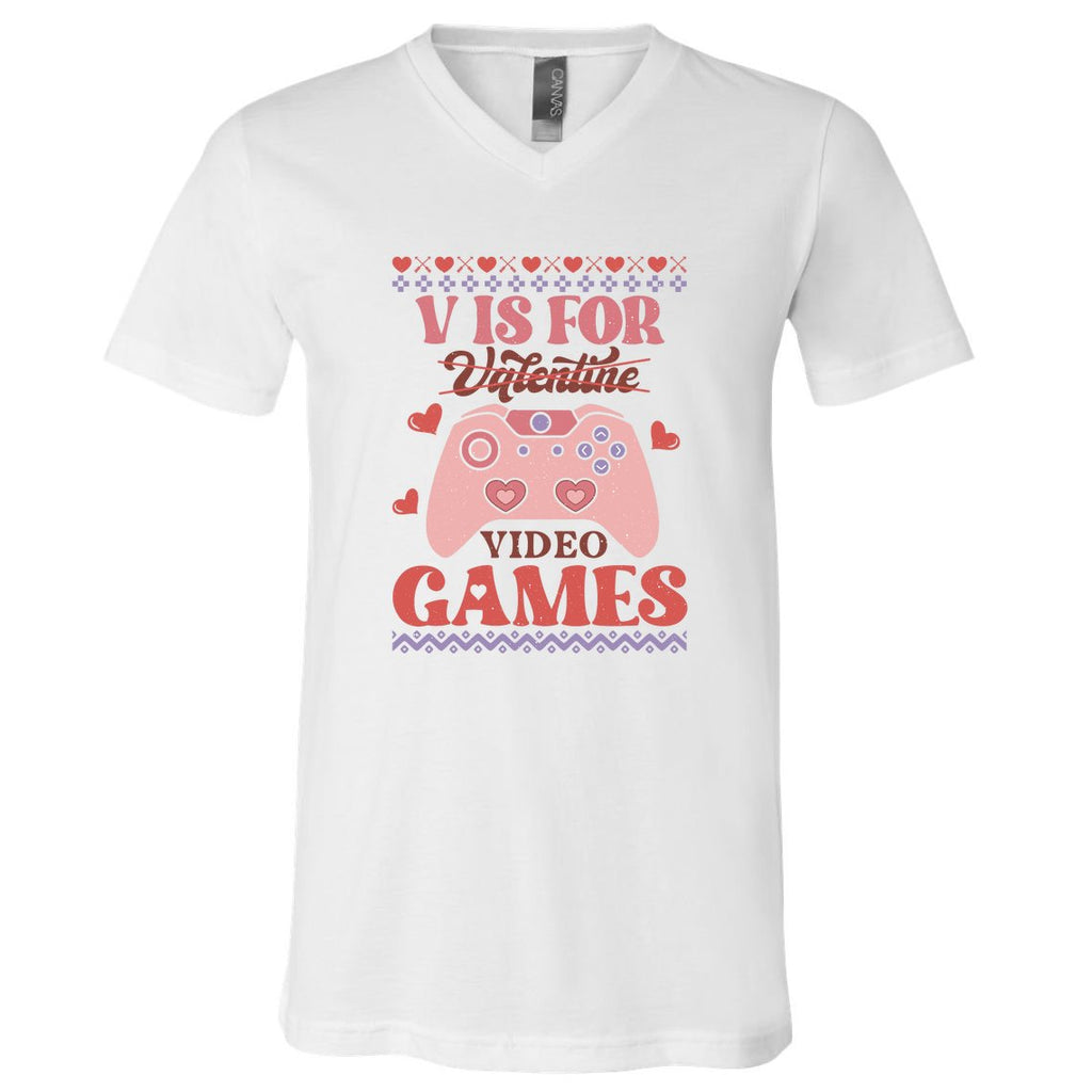 Retro Valentine V Is For Video Games Ugly Sweater Gift For Valentine Day V-Neck T-Shirt