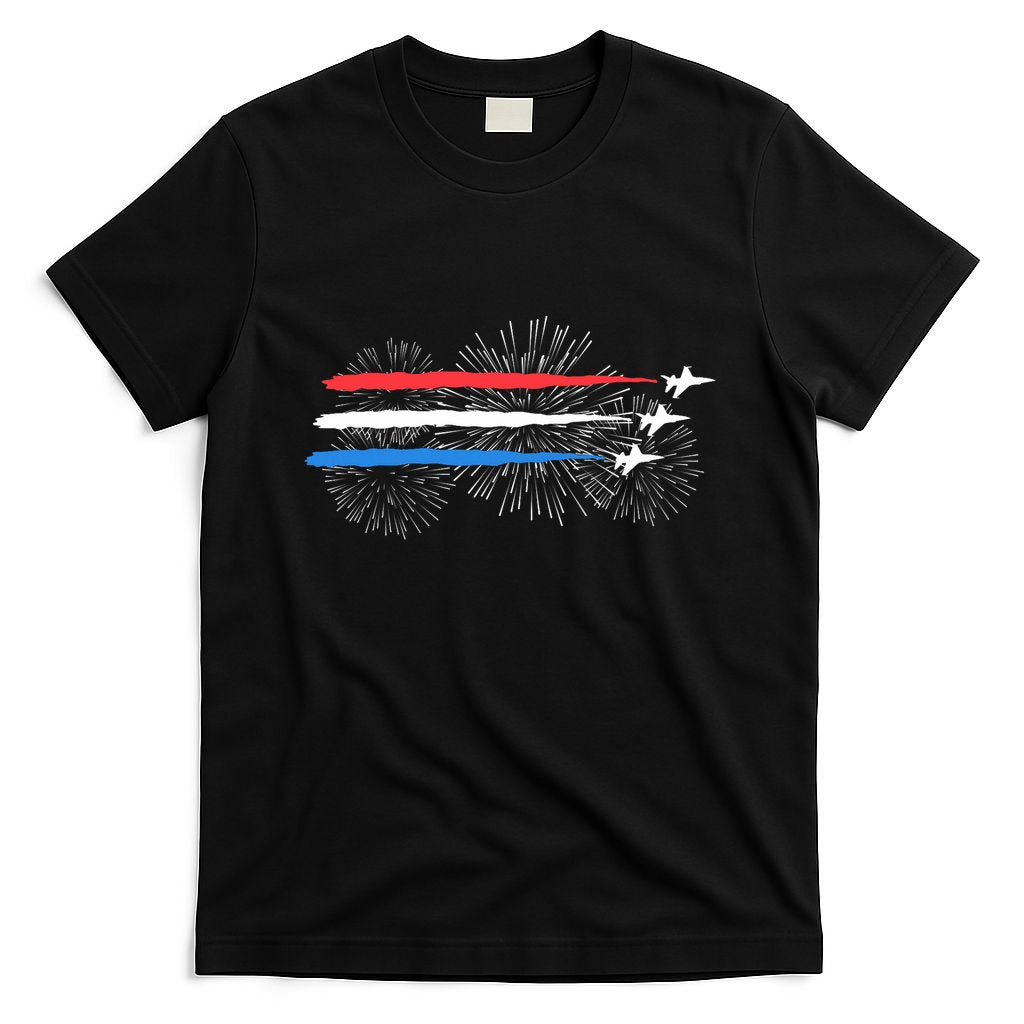 Red White And Blue Fighter Jets With Fireworks 4th Of July T-Shirt