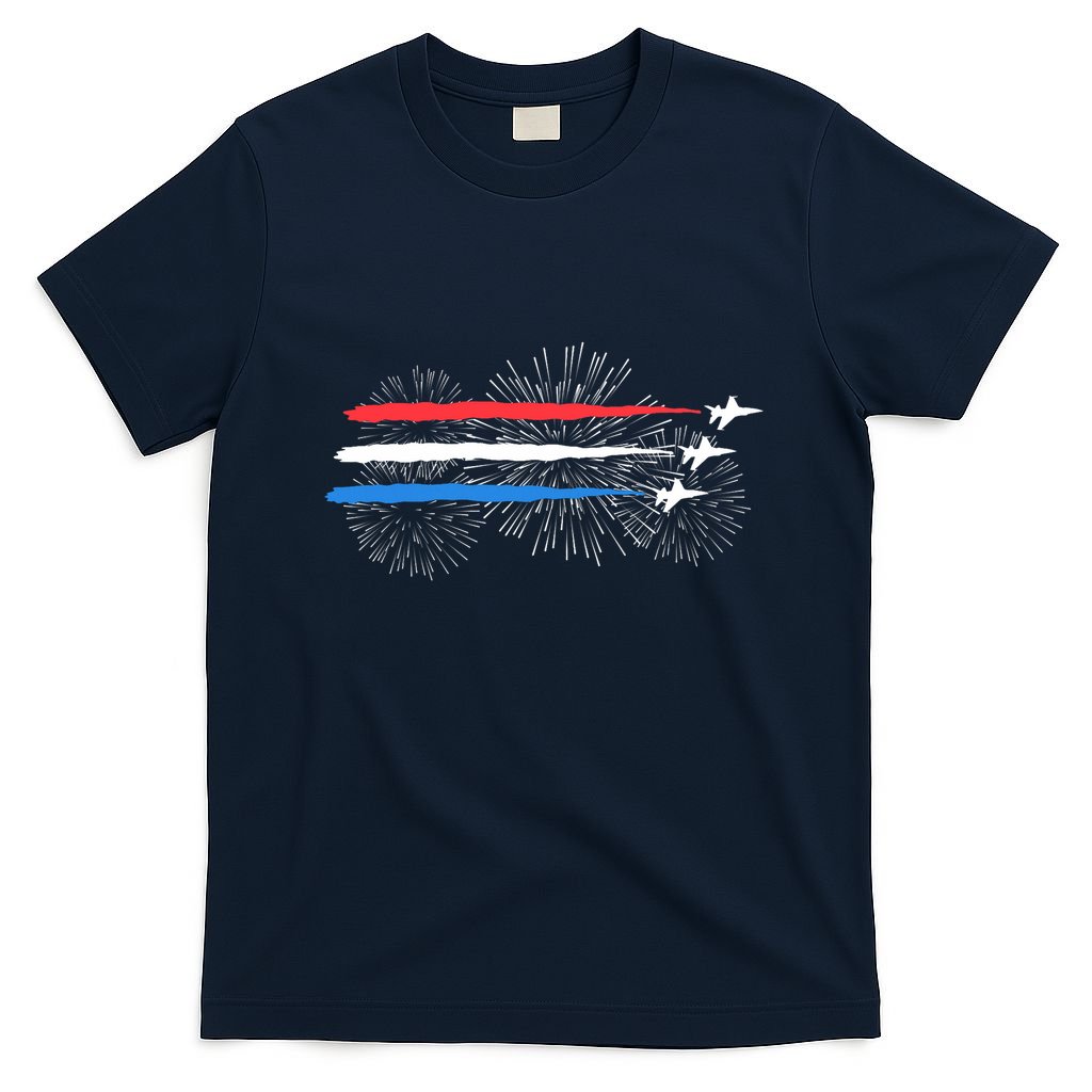 Red White And Blue Fighter Jets With Fireworks 4th Of July T-Shirt