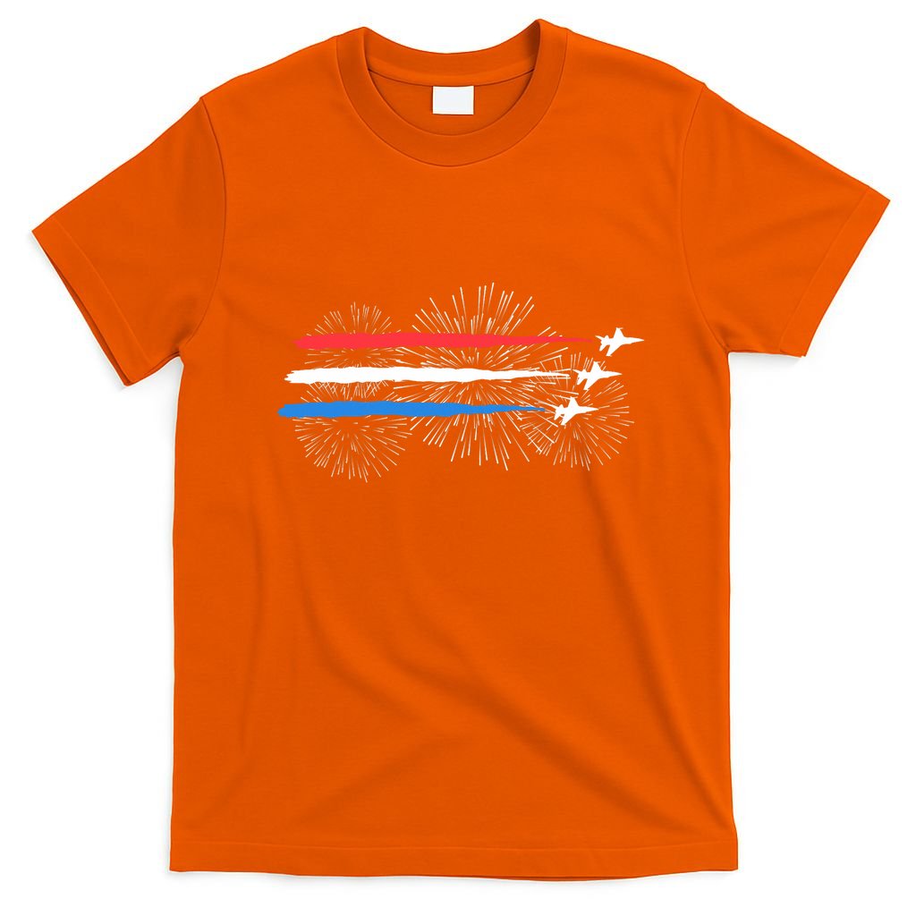 Red White And Blue Fighter Jets With Fireworks 4th Of July T-Shirt
