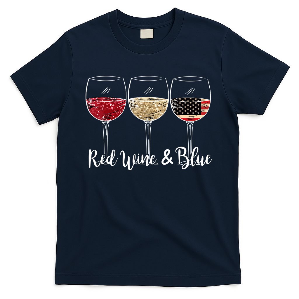 Red Wine And Blue Funny 4th Of July Drinking Wine Lover T-Shirt