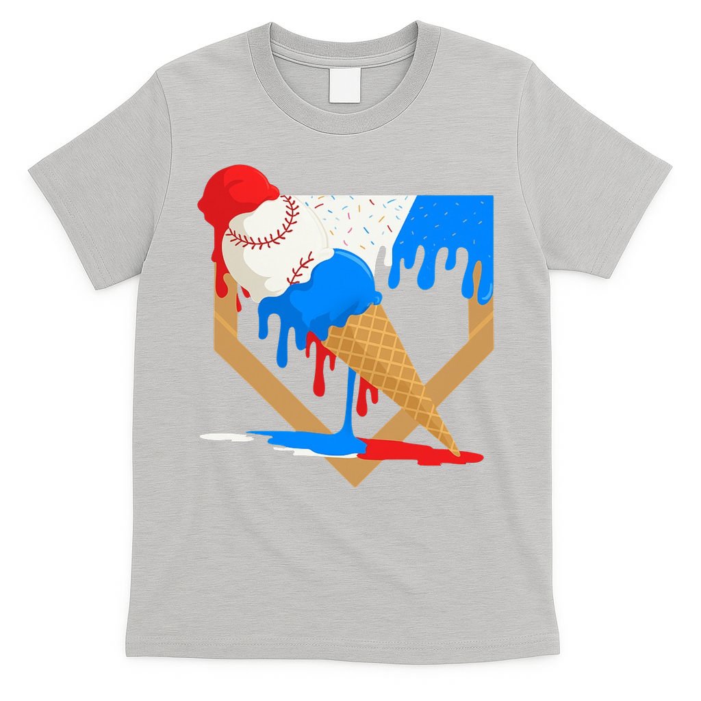 Red White And Blue Baseball Ice Cream Drip T-Shirt