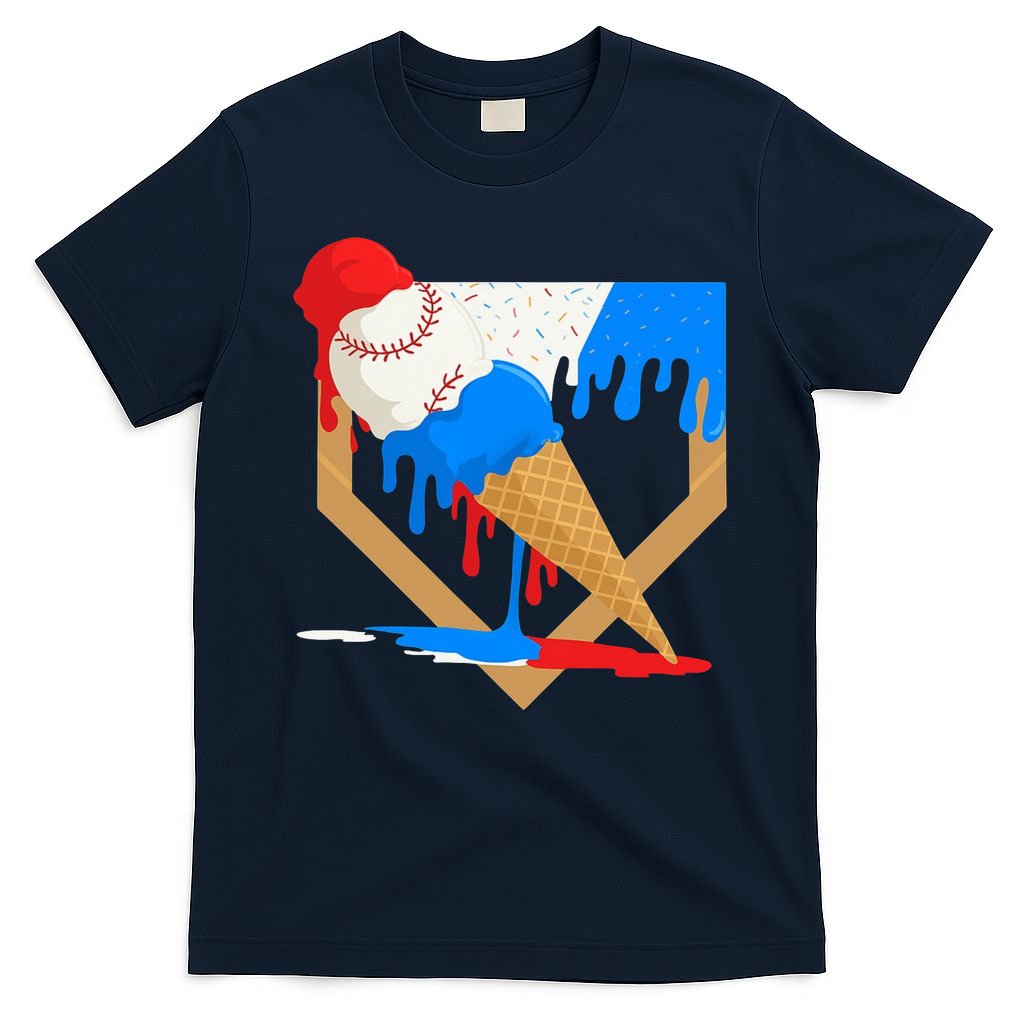 Red White And Blue Baseball Ice Cream Drip T-Shirt