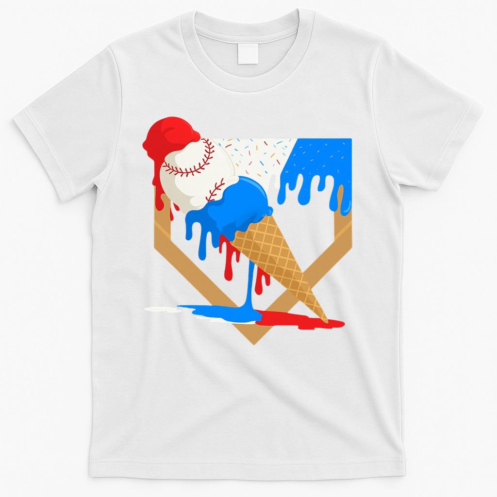 Red White And Blue Baseball Ice Cream Drip T-Shirt