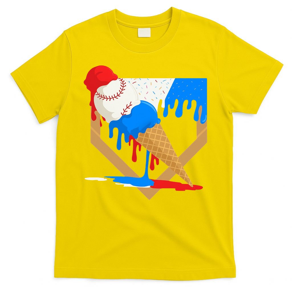 Red White And Blue Baseball Ice Cream Drip T-Shirt